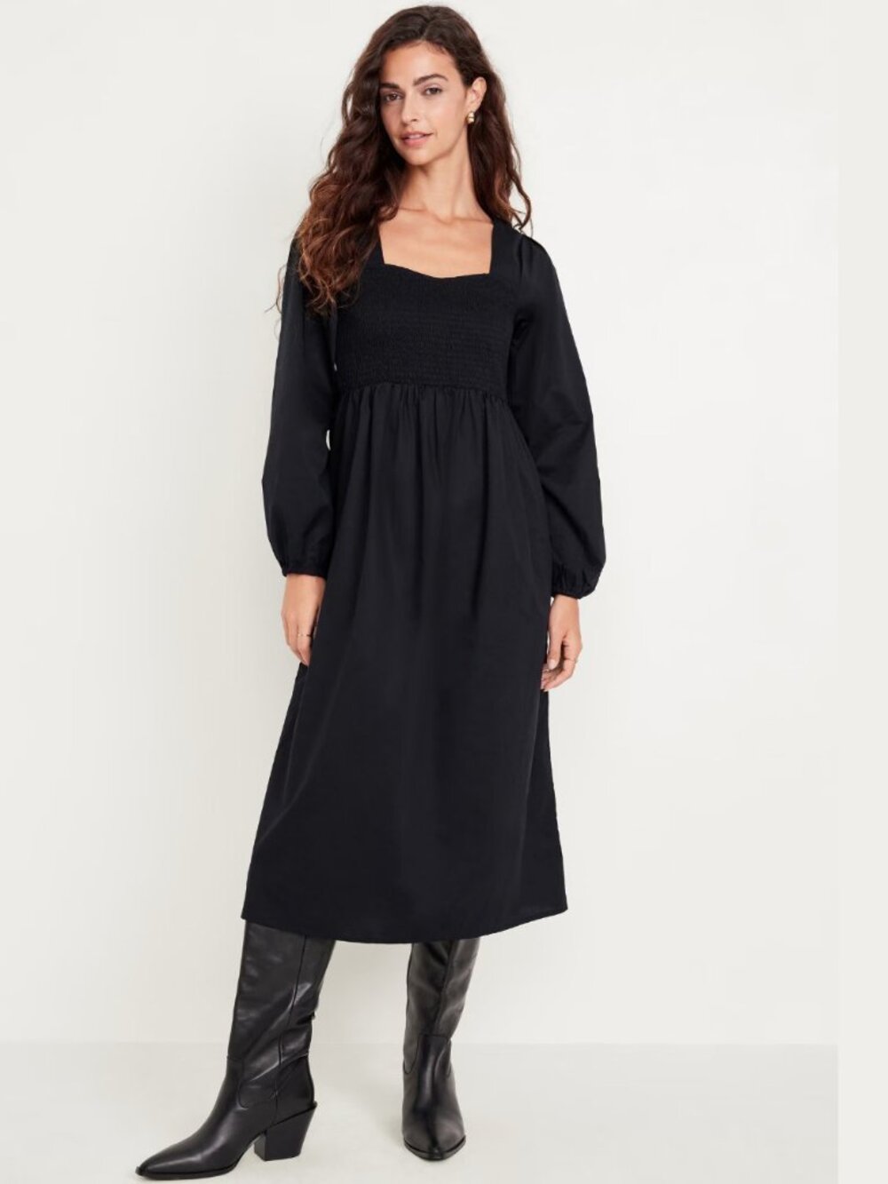 Old Navy Fit & Flare Long Sleeve Midi Dress Sweetheart Neck Black (M) NWT!